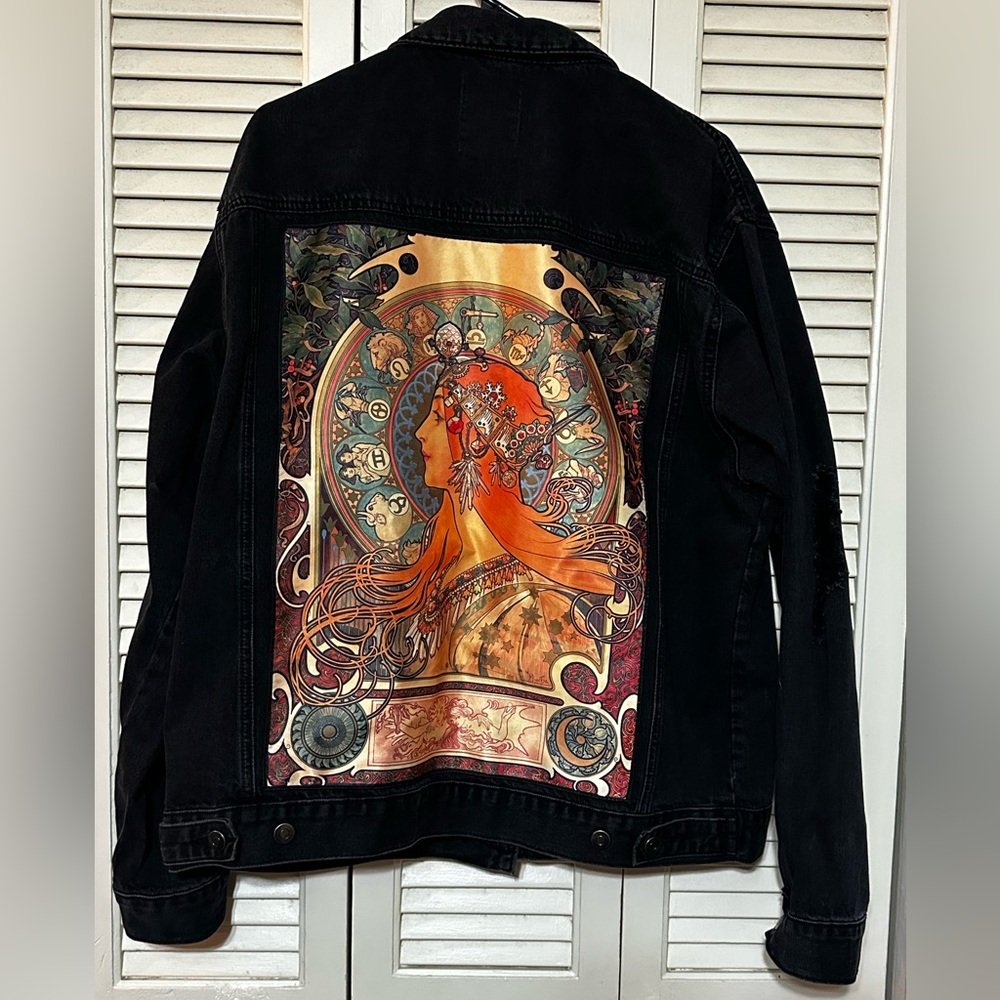 Men’s Black Denim Distressed Jacket with Mucha Backpatch